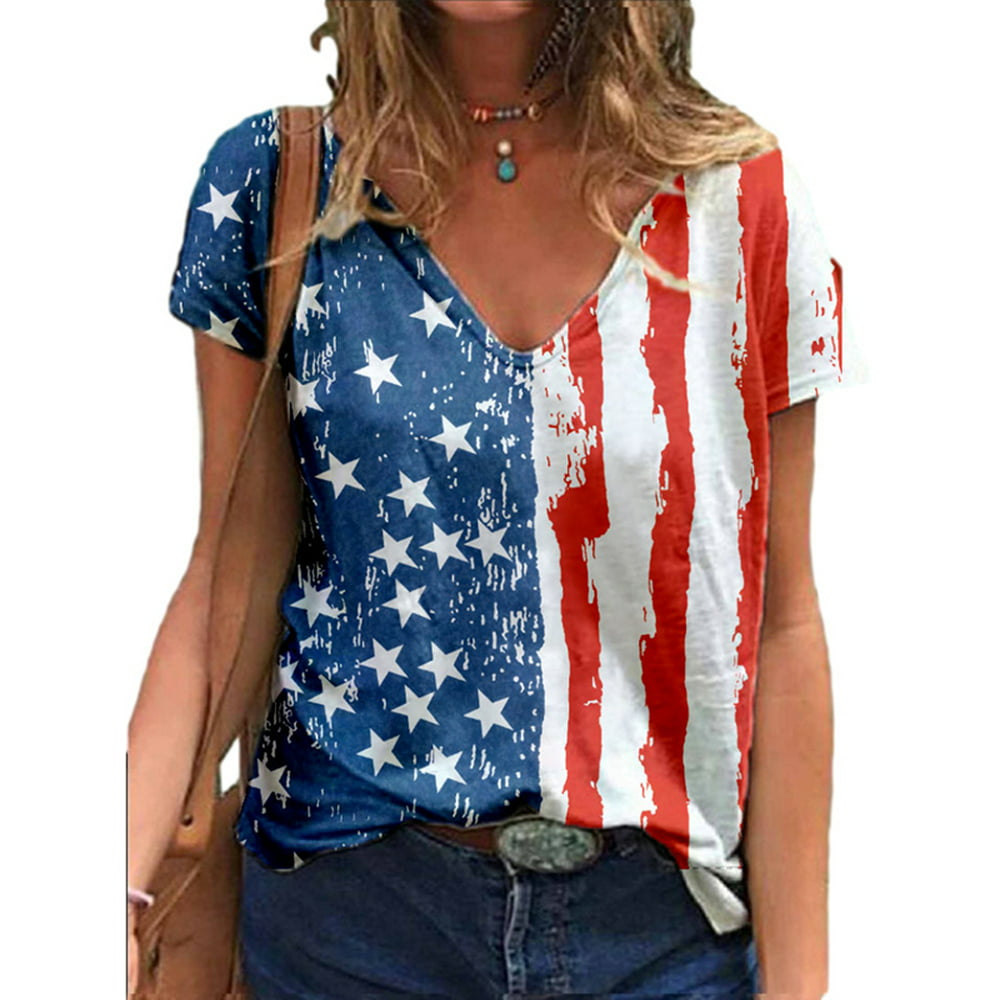 Enwejyy - Enwejyy Women Daily American Flag Print Color Contrast V-Neck ...