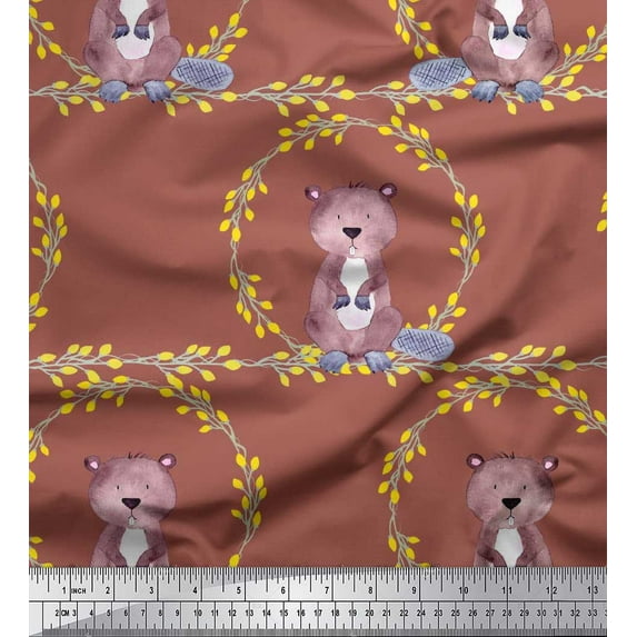 Soimoi Cotton Cambric Fabric Wreath & Bear Animal Printed Craft Fabric by The Yard 56 Inch Wide