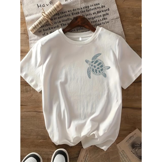 Vibrant Turtle Graphic Print T-Shirt - Soft Cotton Crew Neck, Geometric Pattern, Knit Fabric, Short Sleeve, Casual Tee for Spring/Summer, Relaxed Fit, Easy Care