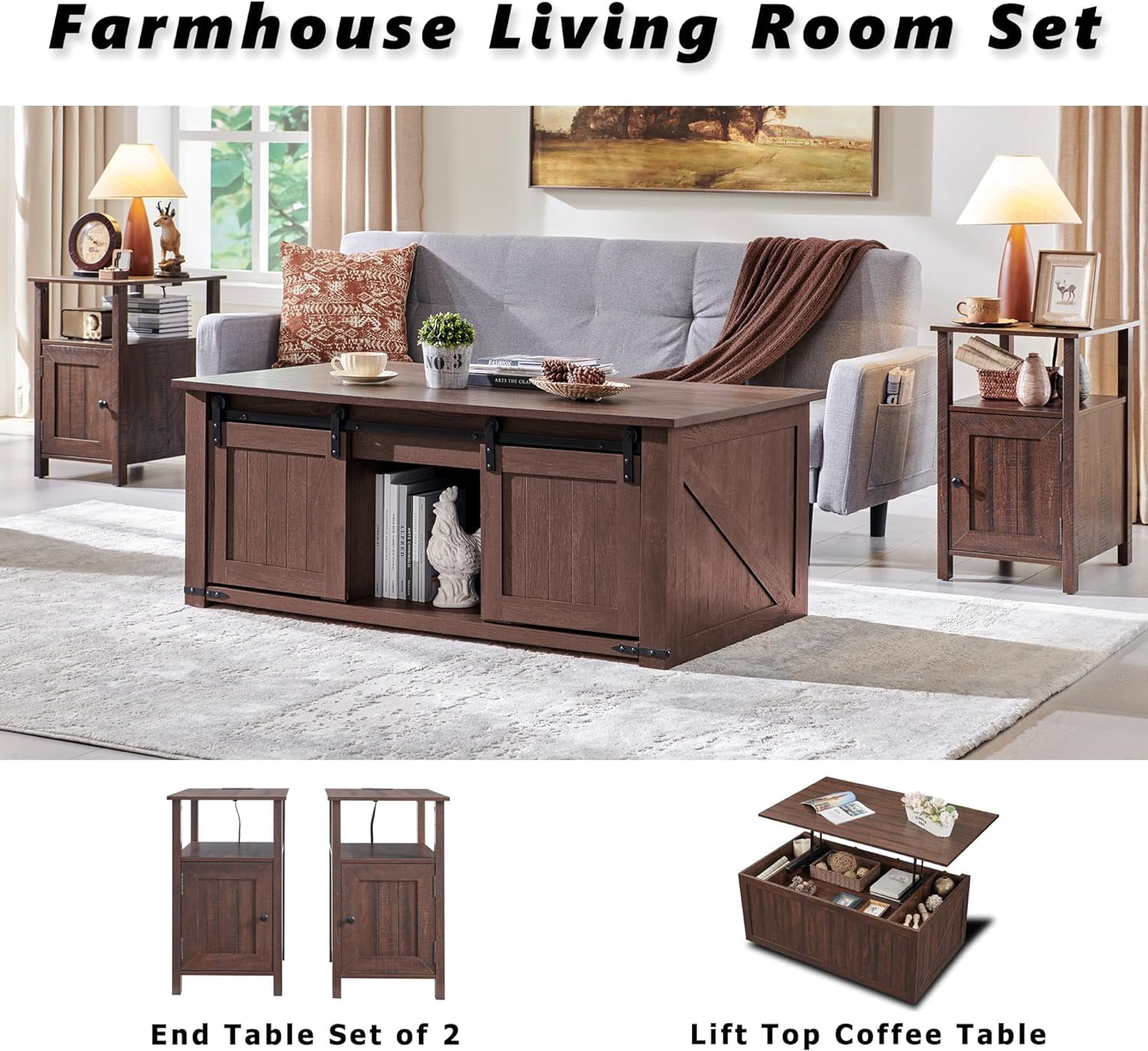 SinCiDo Farmhouse Nightstand, Set of 2, Brown