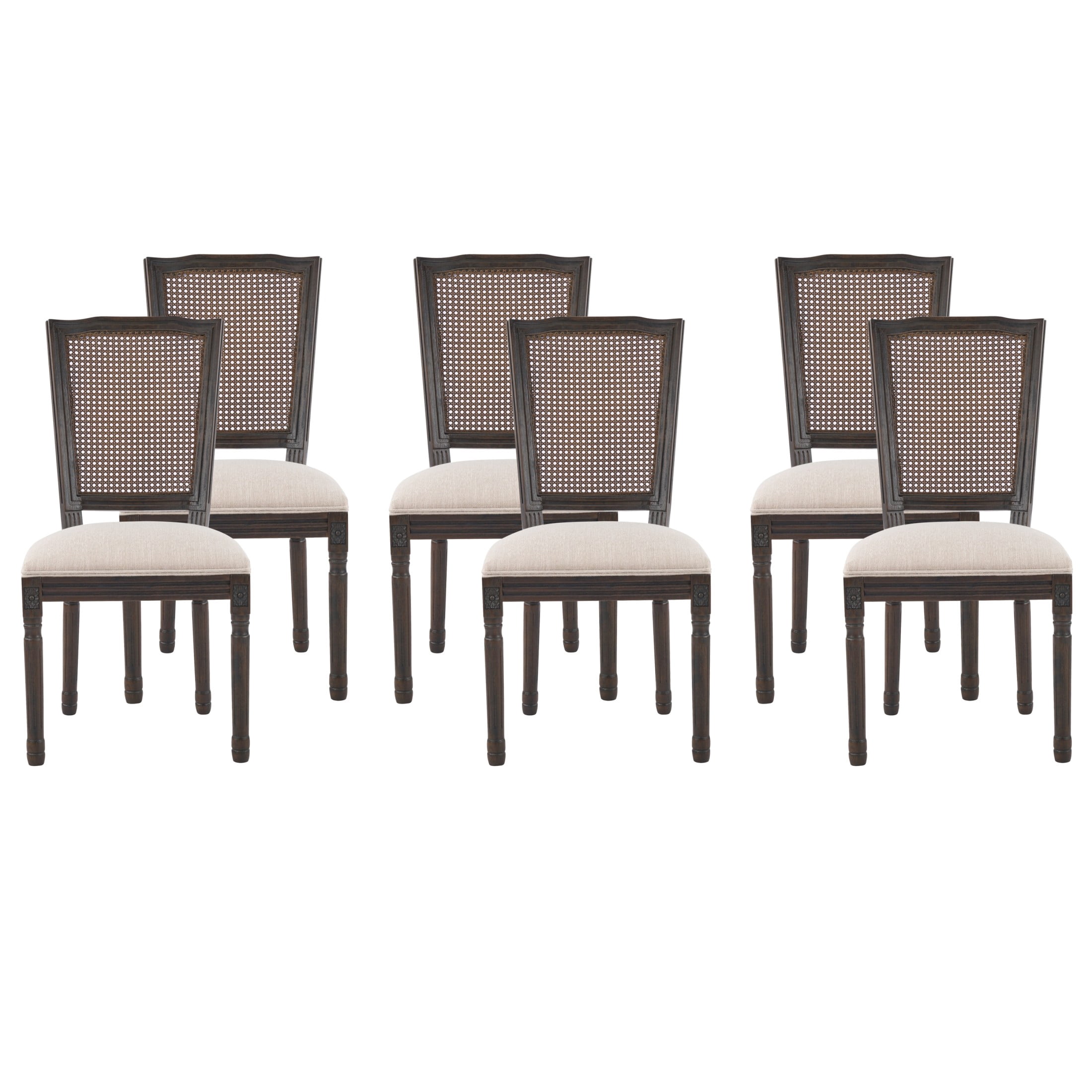 Christopher Knight Home Set of 6 French Country Dining Chairs with Rattan Cane Back, Dark Walnut+Beige