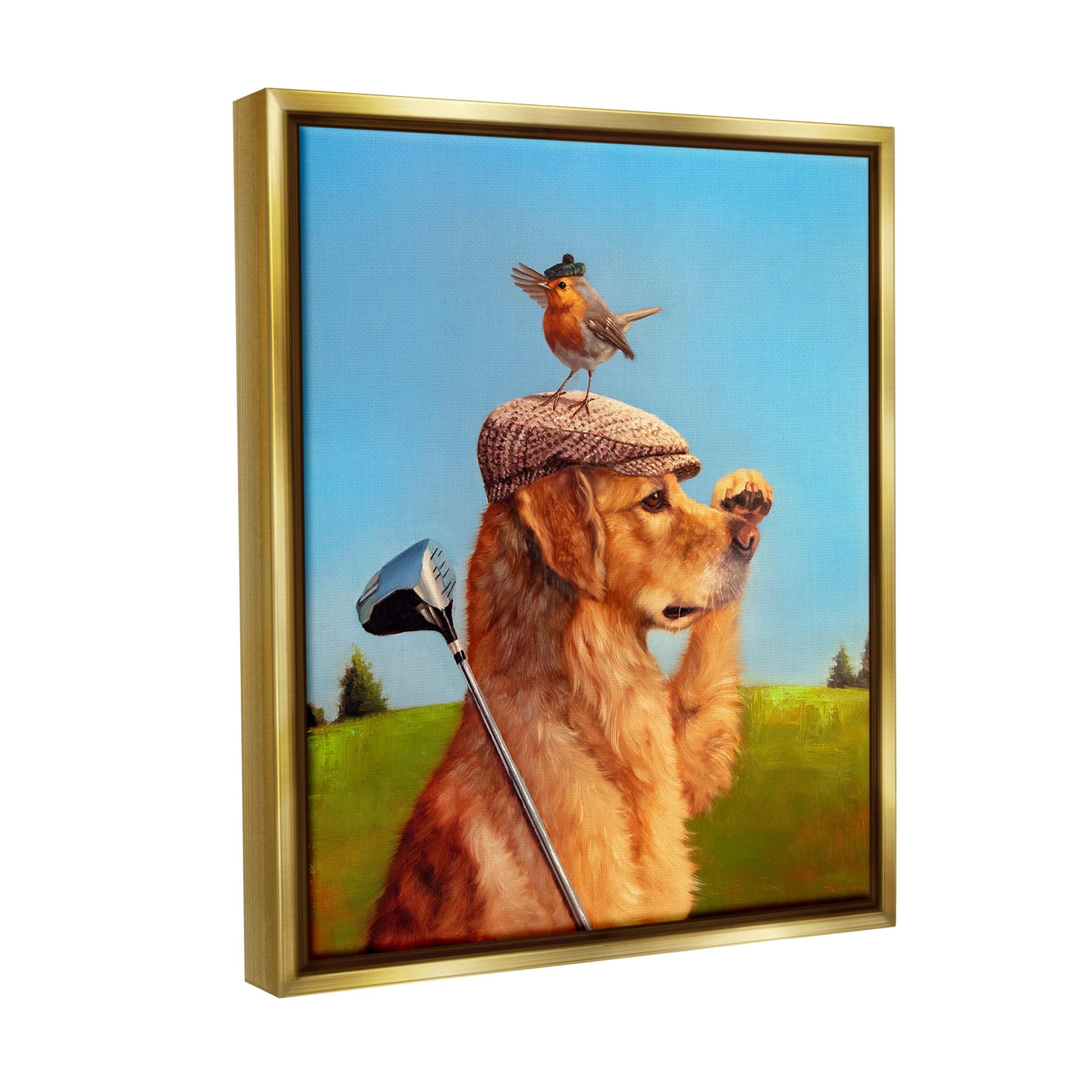Stupell Industries Bird & Dog Golfing Animals & Insects Painting Gold Floater Framed Canvas Art Print Wall Art, 25 x 31
