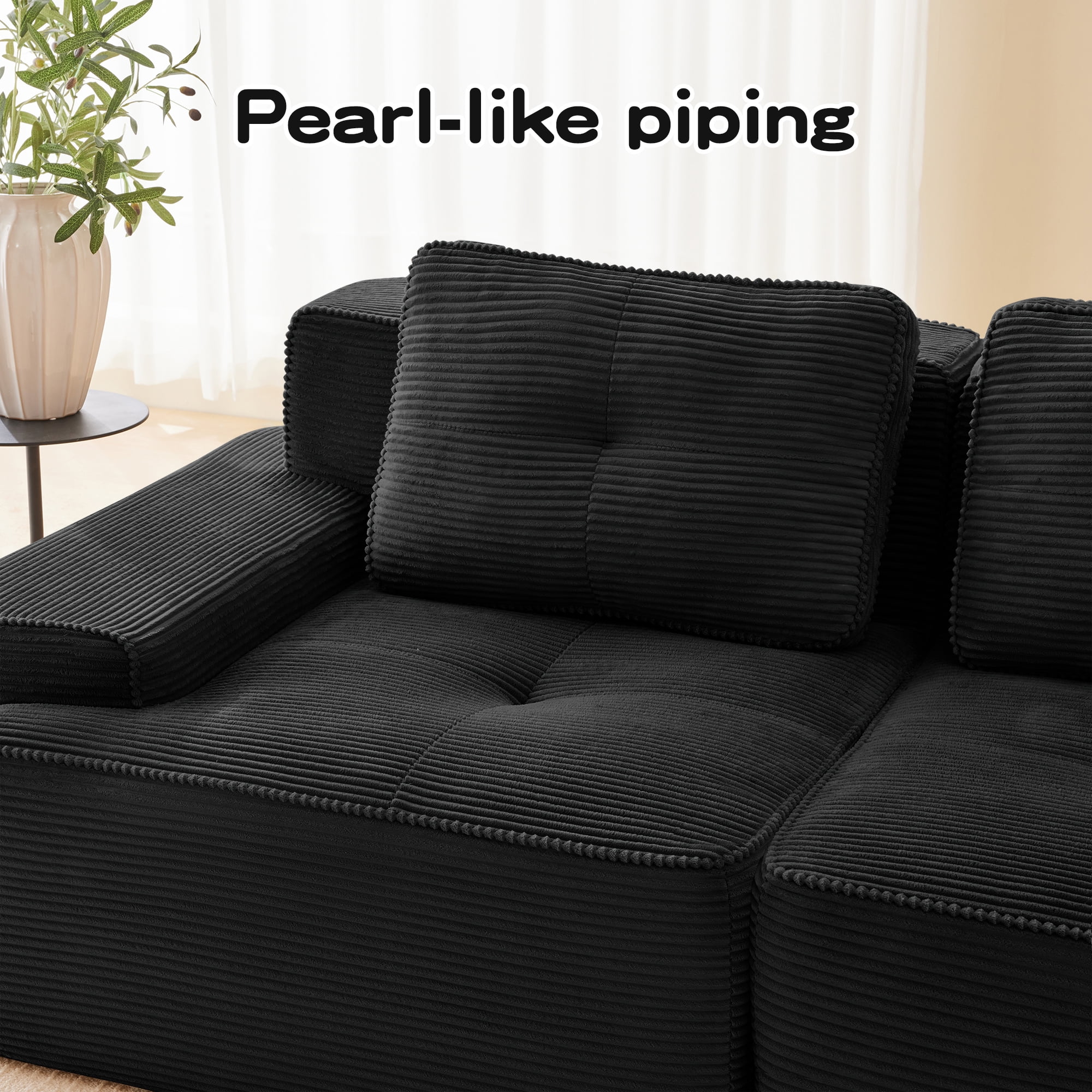 82 Inch Black Corduroy L-Shaped Sectional, Modular 2-Seater with Deep Seat, Pearl Piping and Buckle Connection, No Assembly Required