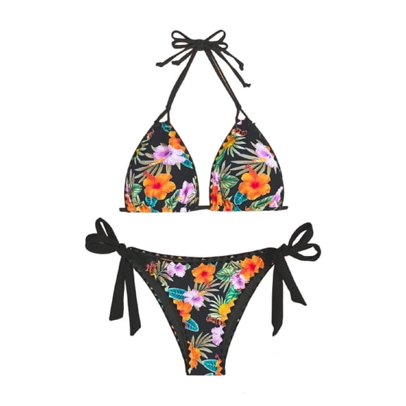 Tnhcen Women's Floral Print Tie Side Bikini Set Adjustable Straps Nylon Spandex Triangle Top Beach Swimwear S-XL