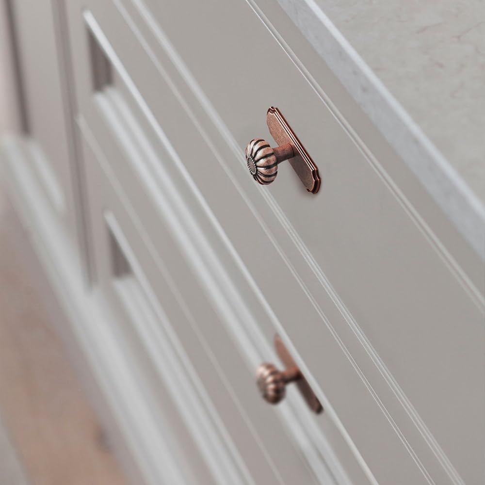 Set of 6 - Elegant Vintage Bloom Antique Brass Cabinet Knobs with Backplate, Drawer Pulls for Kitchen, Dresser Cabinet Hardware for Bedroom, 1-1/4 Inches Diameter Handles