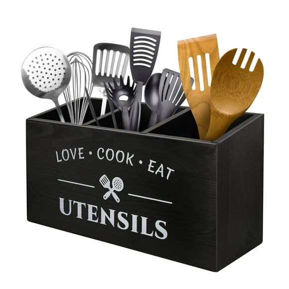MINCORD Soporte para utensilios de cocina con 3 compartimentos Caja organizadora de almacenamiento de madera rústica Cubiertos vintage Granja Cubiertos Caddy Encimera para cubiertos Tenedor Cuchara Es