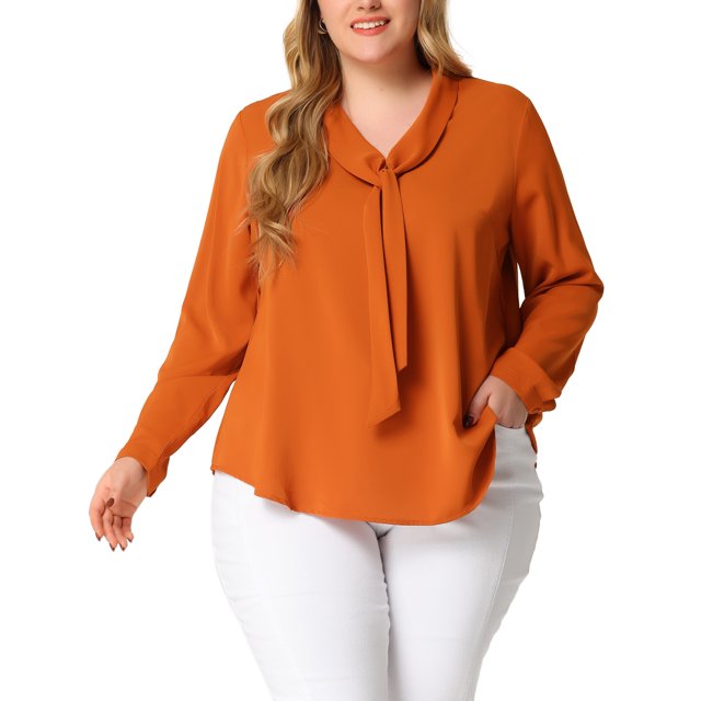 Camisa de chiffon de manga larga con cuello en V y lazo para mujeres de tallas grandes Agnes Orinda 4X Caramelo