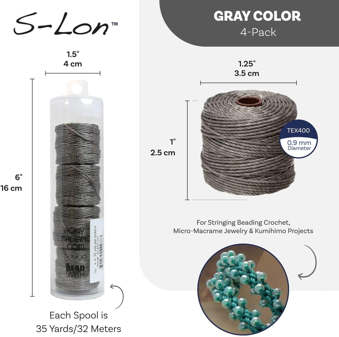 The Beadsmith S-Lon Heavy Nylon Cord - Grey Color – TEX400, .9mm Diameter, 4-Pack, 35 Yard Spools – For Stringing Beading Crochet, Micro-Macrame Jewelry & Kumihimo Projects