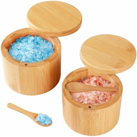 Bamboo Salt Cellar, 2 PCS Salt Container with Built-in Spoon, Salt Box Bowl with Magnetic Swivel Lid, Elegant Kitchen Salt Holder Saver Jar to Storage Pepper Spice Sea Salt for Countertop