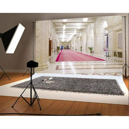 Image of ABPHOTO 7x5ft Photography Backdrop Castle Luxurious Palace Red Carpet Droplights Pillar Marble Floor European Archiculture Interior Photo Background Backdrops