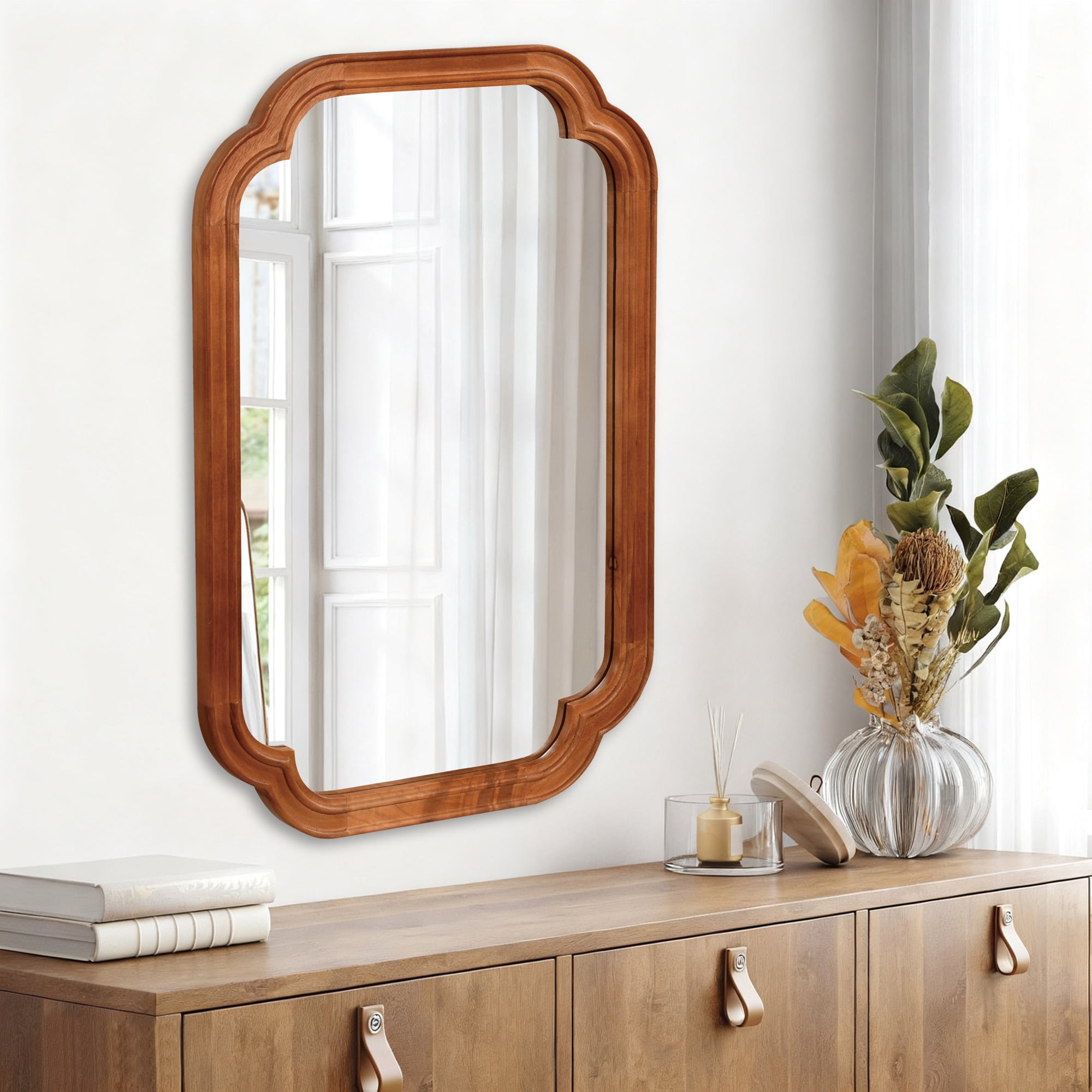 Leumius 24"x 36" Decorative Mirror, Solid Wood Frame Rounded Corner Mirror for Bedroom Bathroom Living Room Entryway Brown
