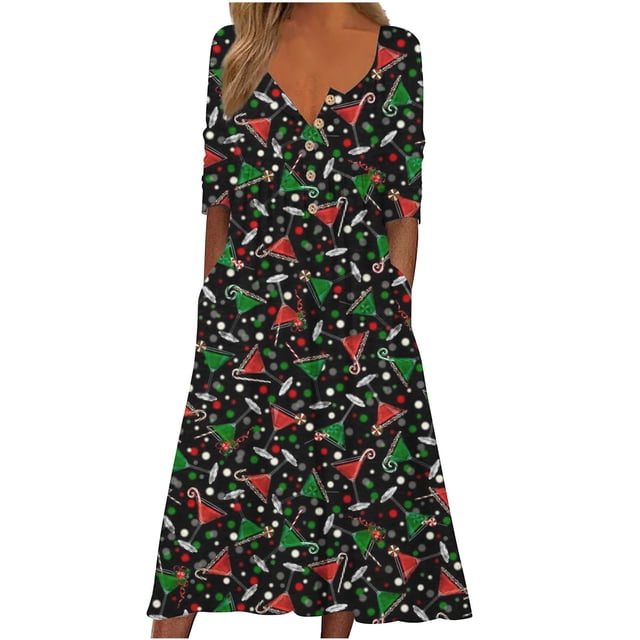 Vestido de vacaciones de manga larga con botones y cuello en V informal con estampado de otoño para mujer a la moda Pompotops hdfakjf7098