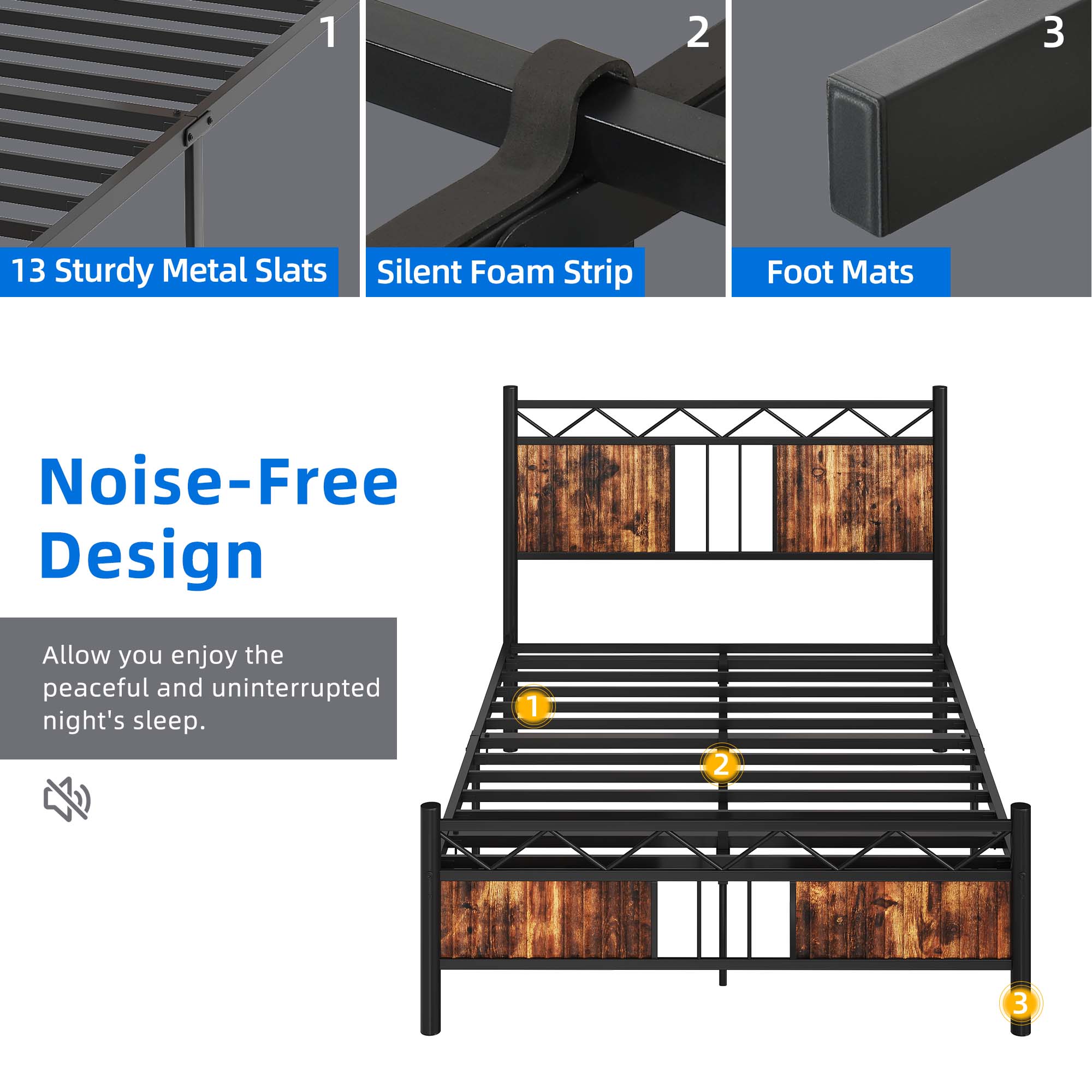 DEXTRUS Industrial Full Size Platform Metal Bed Frame with Headboard & Soundproof, Black and Brown