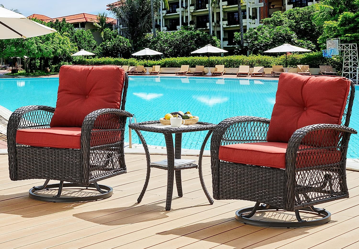 Techmilly 3 Pieces Patio Furniture Set, Outdoor Swivel Gliders Rocker, Glass Top Side Table  (Red)