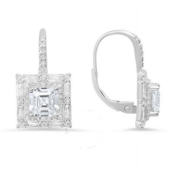 Sterling Silver Asscher-Cut Halo Cubic Zirconia Leverback Earrings