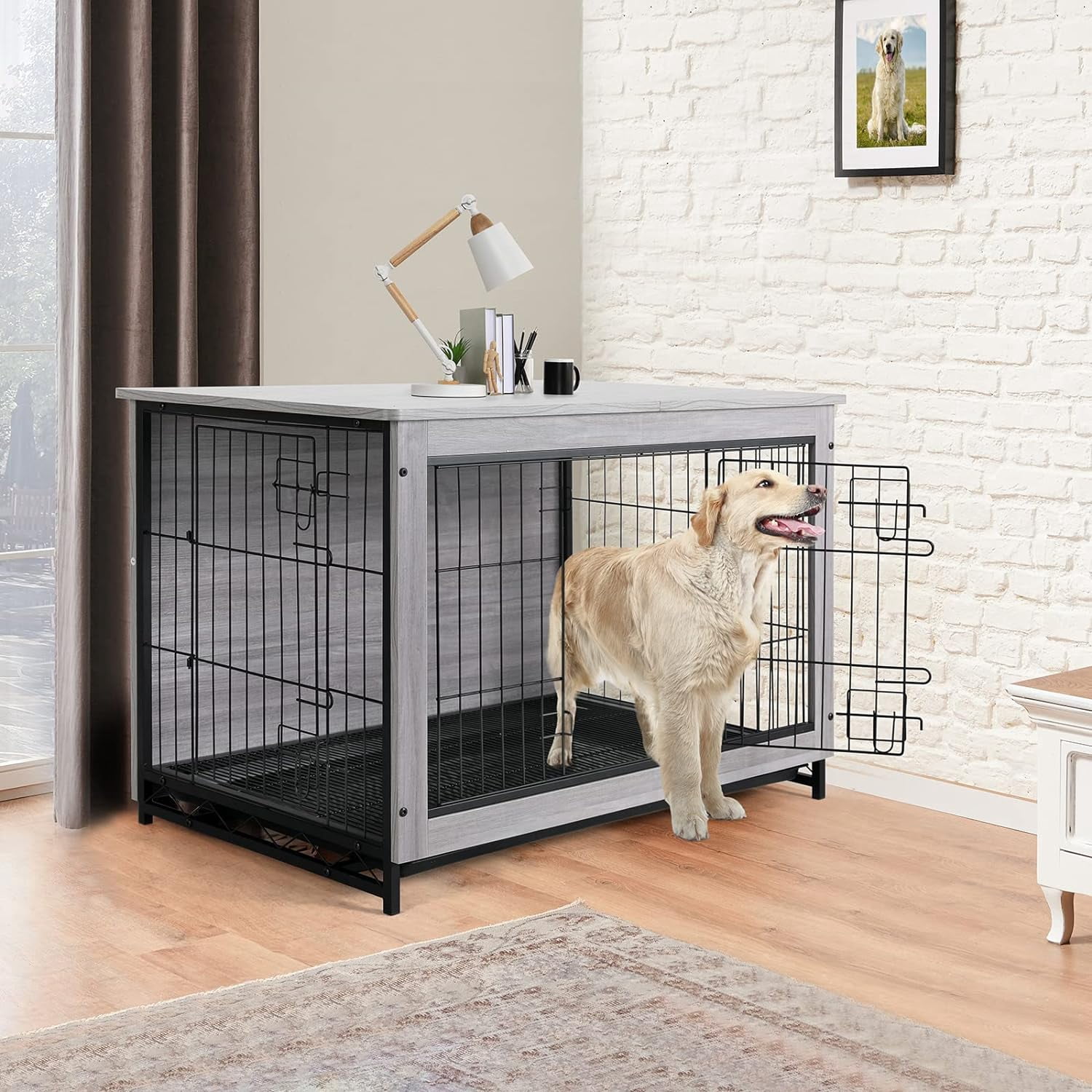 LAZY BUDDY Dog Crate Furniture, Large Dog Kennel Wooden Pet Furniture with Pull-Out Tray, Double Doors, 44.1 "L x 29.5 "W x 32.3 "H (Gray)