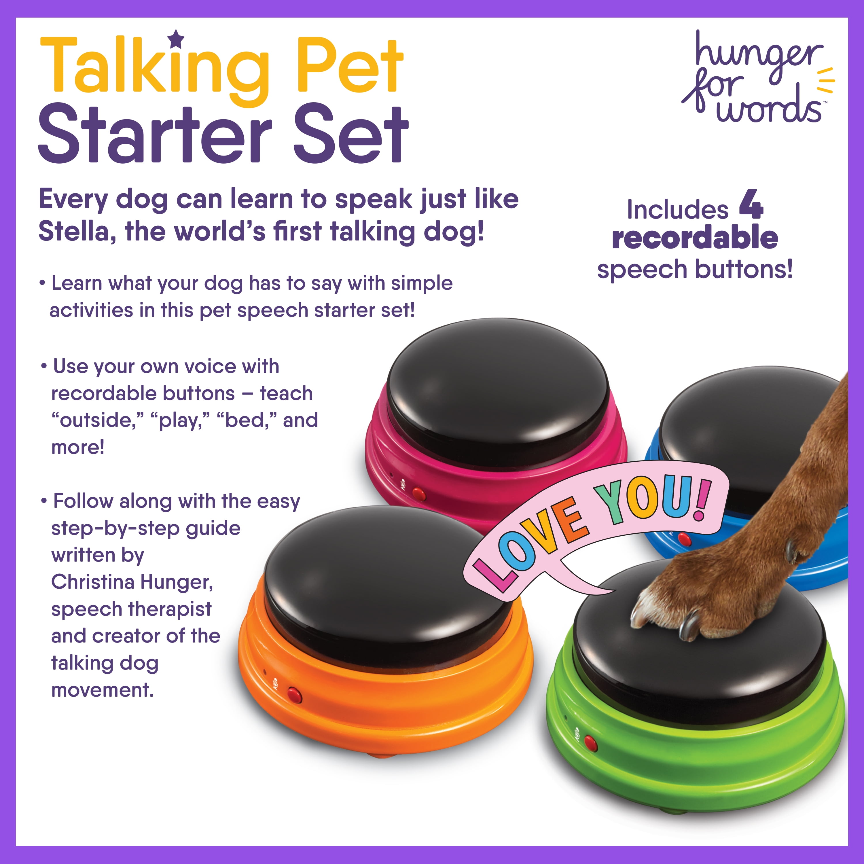 Hunger For Words Talking Pet Starter Set Recordable Buttons for Dog Training  4 Pack