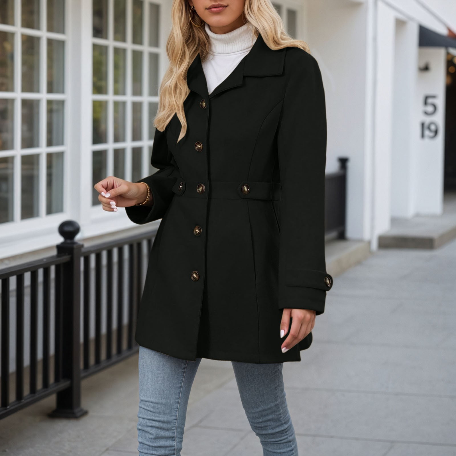 Women's Wool Blend Trench Coat Mid Length Double Button Front