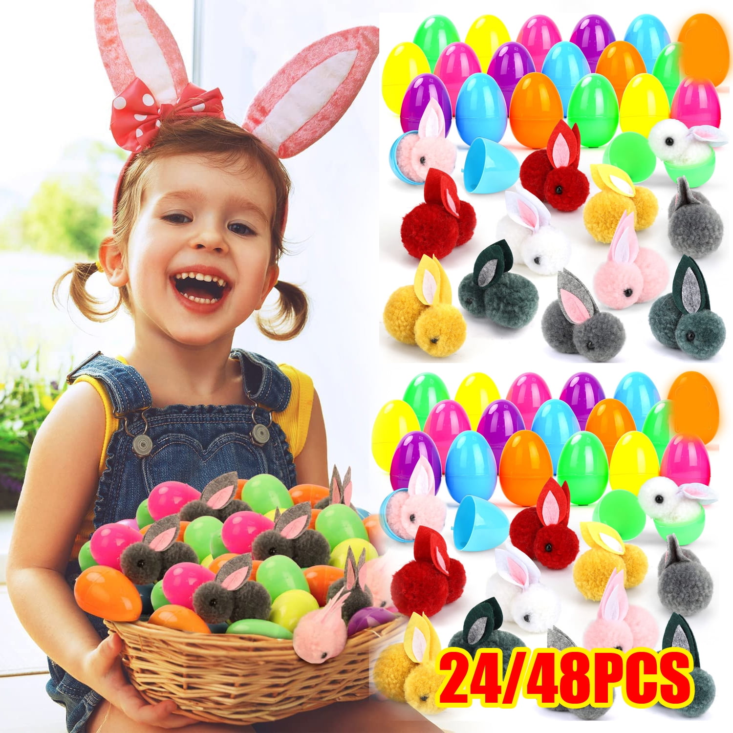 Easter Egg Fillers with Easter Bunny 48 Pcs, Easter Basket Stuffers for Kids Easter Eggs with