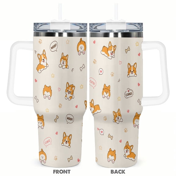 40oz Cute Corgi Dog Travel Tumbler with Handle and Straw Lid Cartoon Puppy Insulated Car Coffee Cup Gift for Dog Lovers