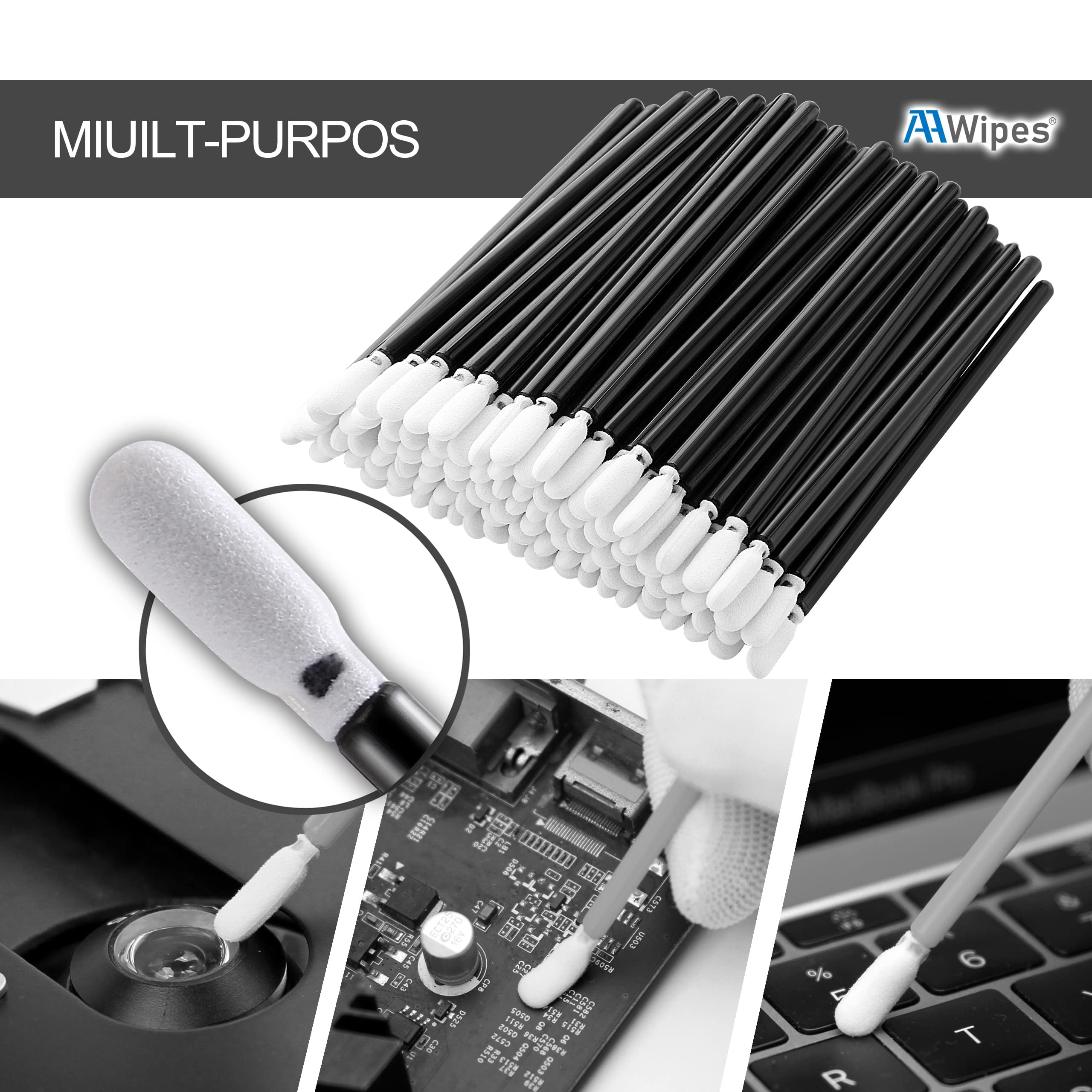 AAwipes Foam Cleaning Swab Sticks (200pcs 3.4mm Head Width Round Foam Tips, Black) Cleanroom Cleaning Swab Sponge Stick for Inkjet Printer, Camera (C709BLK)