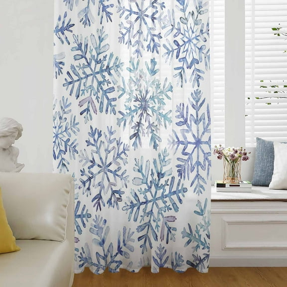 Blue Snowflake Christmas Semi Sheer Curtains Drapes for Living Room, Bedroom, French Doors Window 54 Inches Long, Xmas Winter Snowflake Rod Pocket Chiffon Curtain Drapery Voile Draperies Panel