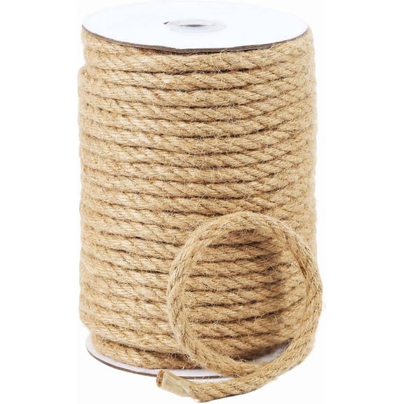 Natural Jute Twine, 8MM x 100FT Jute Rope Roll, Heavy Duty Thick Twine for Cat Scratching Post, Bundling, Gardening and DIY Crafts