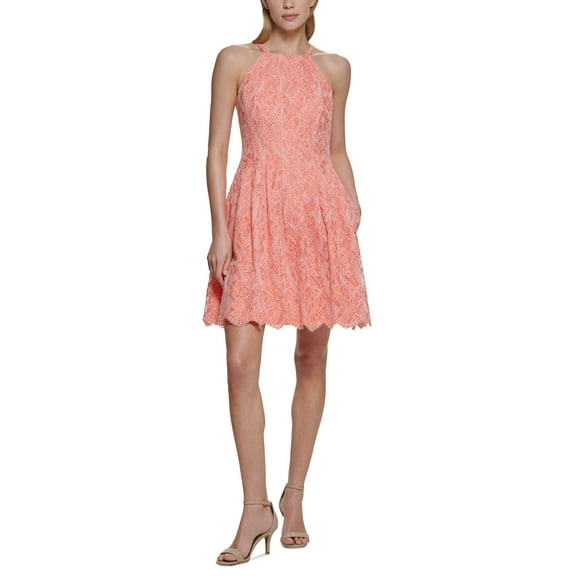 Vince Camuto Womens Fit Flare Halter Lace Dress Tangerine 8