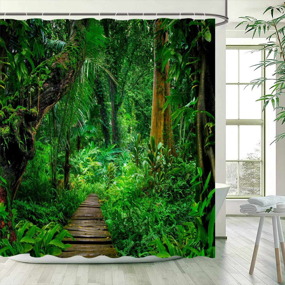 Tropical Rainforest Landscape Shower Curtains Palm Leaves Trees
