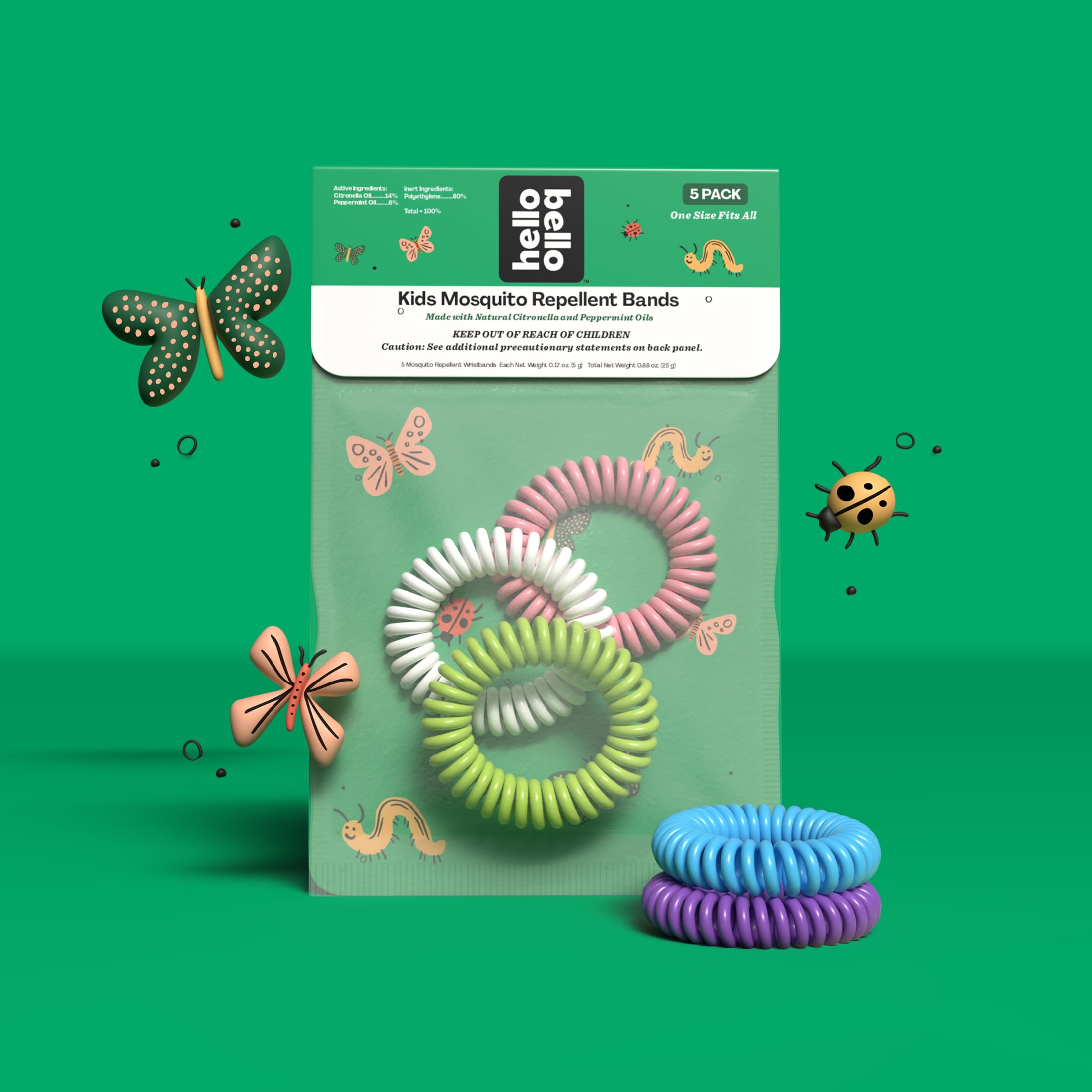 Hello Bello Kids Mosquito Bands with Natural Plant-Based Oils, One Size Fits All, 5 Pack