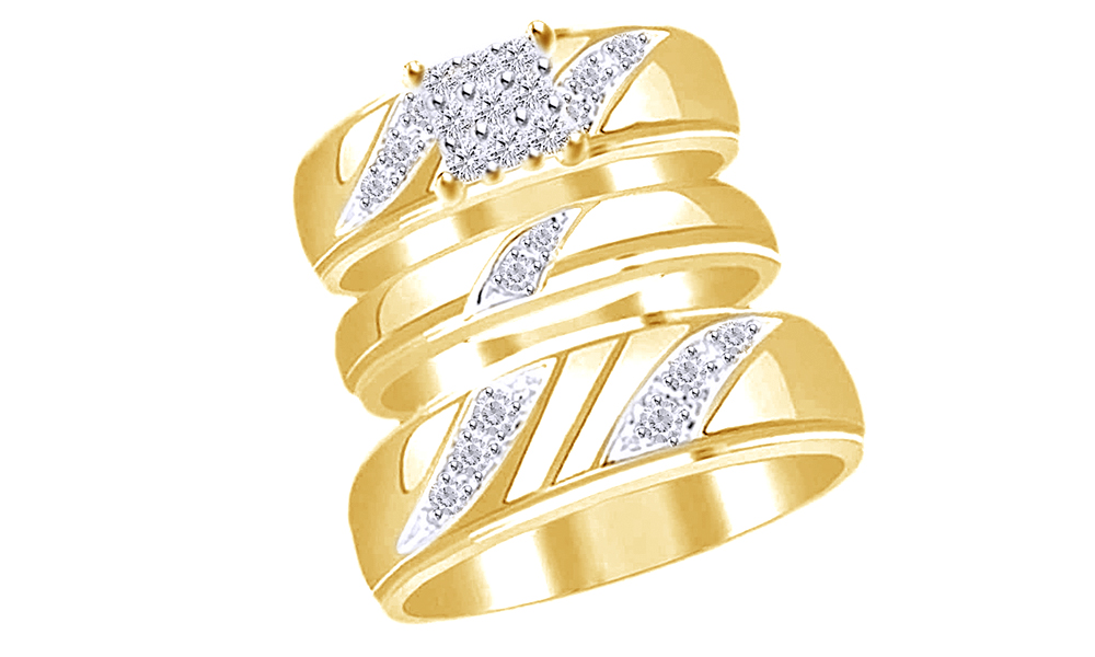AFFY White Natural Diamond Engagement & Wedding Trio Band Ring Set In 14k Yellow Gold Over 925 Sterling Silver (0.16 Cttw), Ring Size 5.5