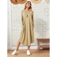 thumbnail image 5 of Women'S Loose Casual Round Neck Long Sleeve Dress Midi Slant Pocket Curved Hem Dress Khaki S, 5 of 9