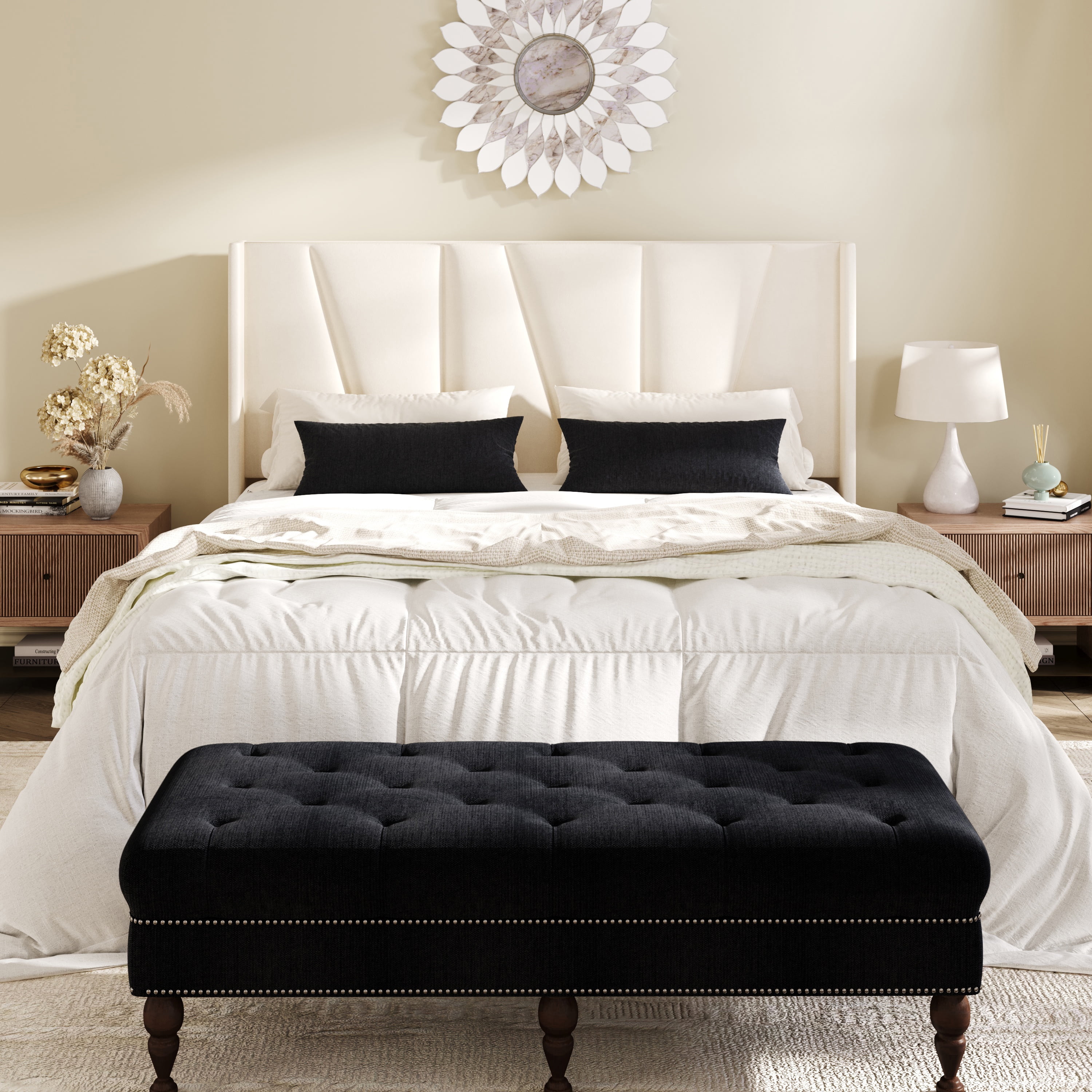 Amolife Full Bed Frame, Upholstered Platform Bed with Wingback and Geometric Headboard, Cream White