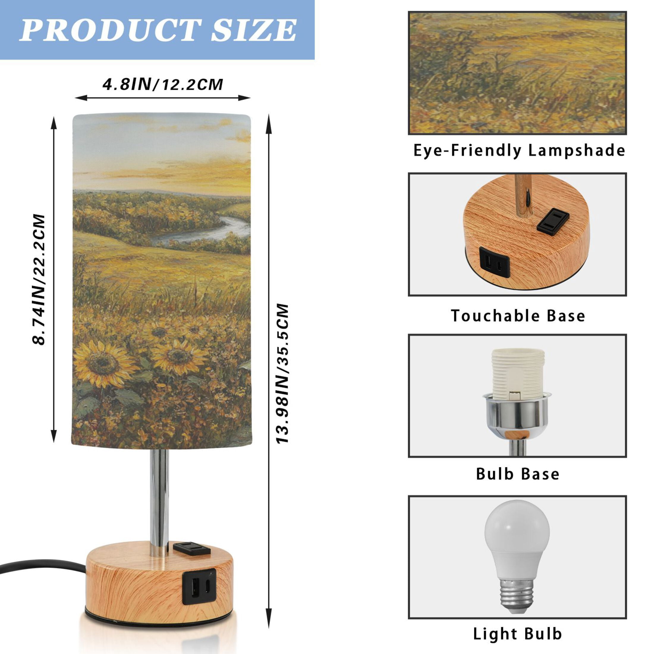 Wobogo Oil Painting Of Sunflower Bedside Lamp Touch Control Table Lamp with USB A+C Charging Ports & AC Outlet 3-Way Dimmable Nightstand Lamp with Linen Fabric Shade for Bedroom Living Room