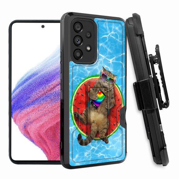 ANJ  Rugged Shockproof Hoster Case w/Card Slot, Kickstand   Tempered Glass Cover for Samsung Galaxy A33 5G - Swimming Pool Cat