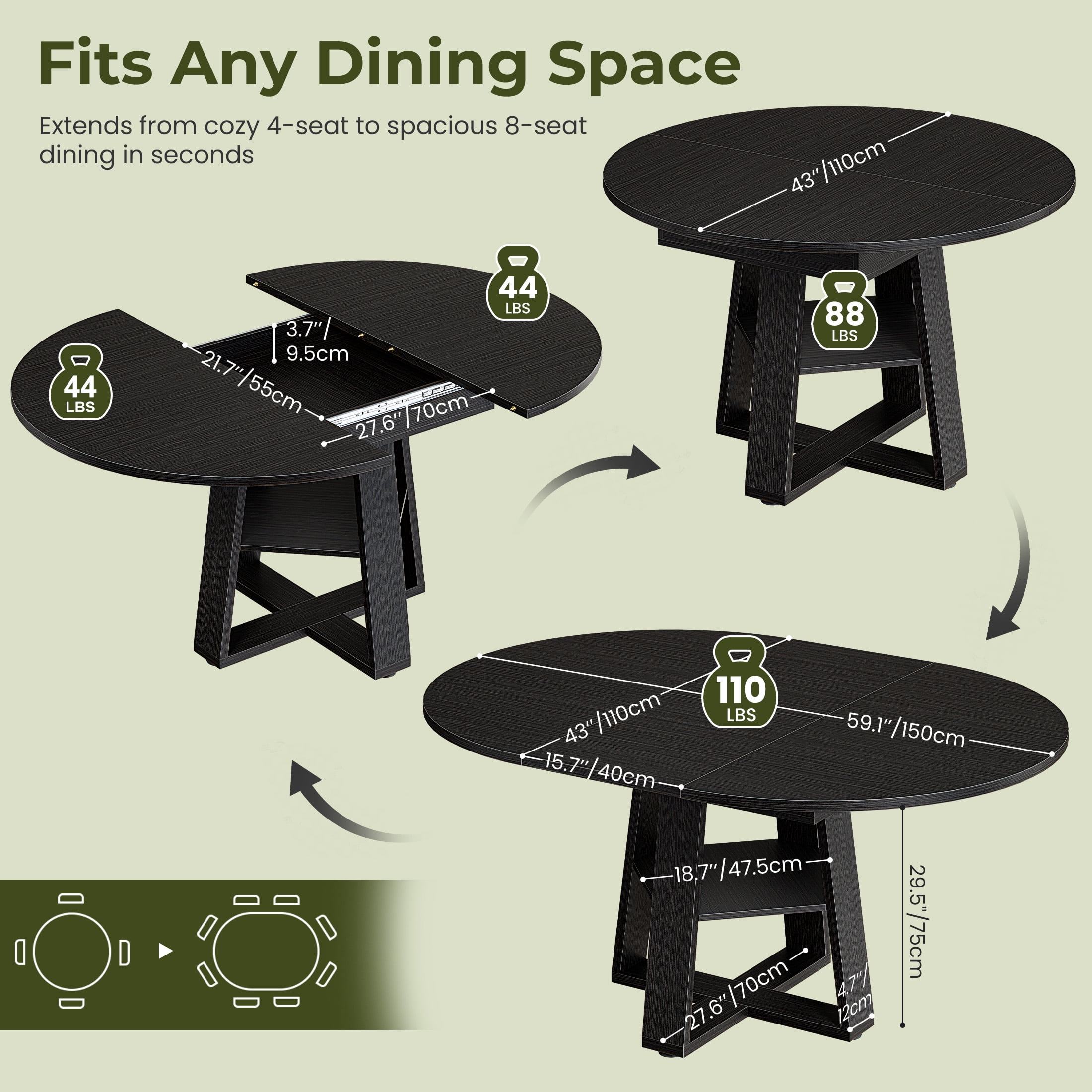 EDX 43.3″–59″ Extendable Round Dining Table for 4-8, Modern Oval Dining Table with Removable Leaves, Wooden Kitchen Table with Storage Shelf Base, Space Saving for Kitchen Living Room, Black