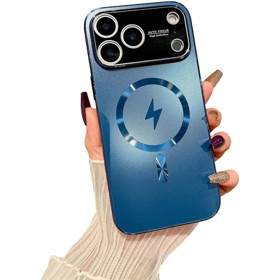 Plating Big Window Magnetic Phone Case for iPhone, Compatible with (Blue,iPhone 14 Pro)