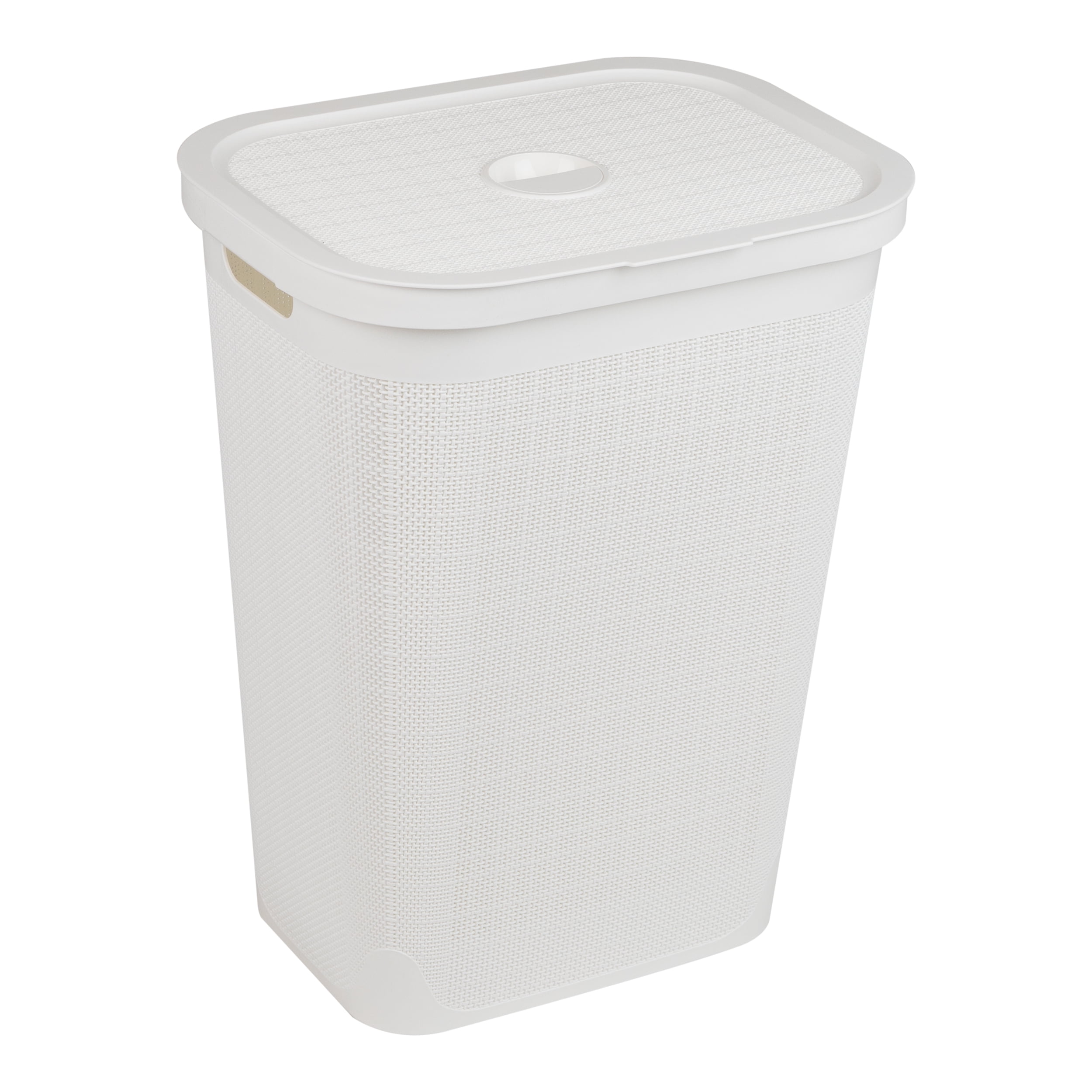 Mind Reader 60L Slim Laundry Hamper, Clothes Basket, Lid, Linen Design, Plastic, White