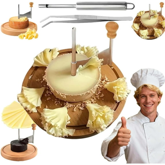 Cheese Curler Wheel, Cheese Curler Flower Maker Wheel Slicer, Cheese Curler Wheel - Stainless Steel Cheese Shaver & Girolle, With Wooden Base, For Home, Restaurants, Cafes, Dessert Shops (A)
