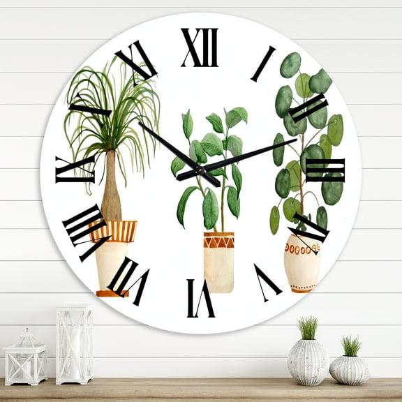 Designart 'Trio Of House Plants Ponytail Palm And Ficus' Traditional Wall Clock