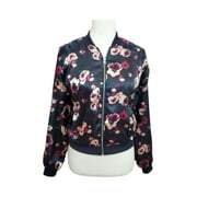 LOVE FIRE Womens Black Pocketed Zippered Reversible Ribbed Trim Floral Bomber Jacket L