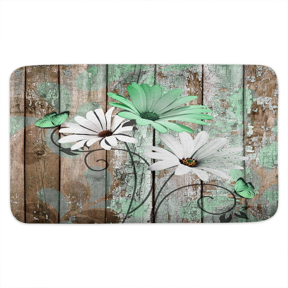 Farmhouse Floral Flower Bath Mat, Green Daisy Rustic Wooden Plank Country Barn Wood Non-Slip Flannel Soft Doormat Floor Entryways Outdoor Indoor Front Door Mat, 16X24