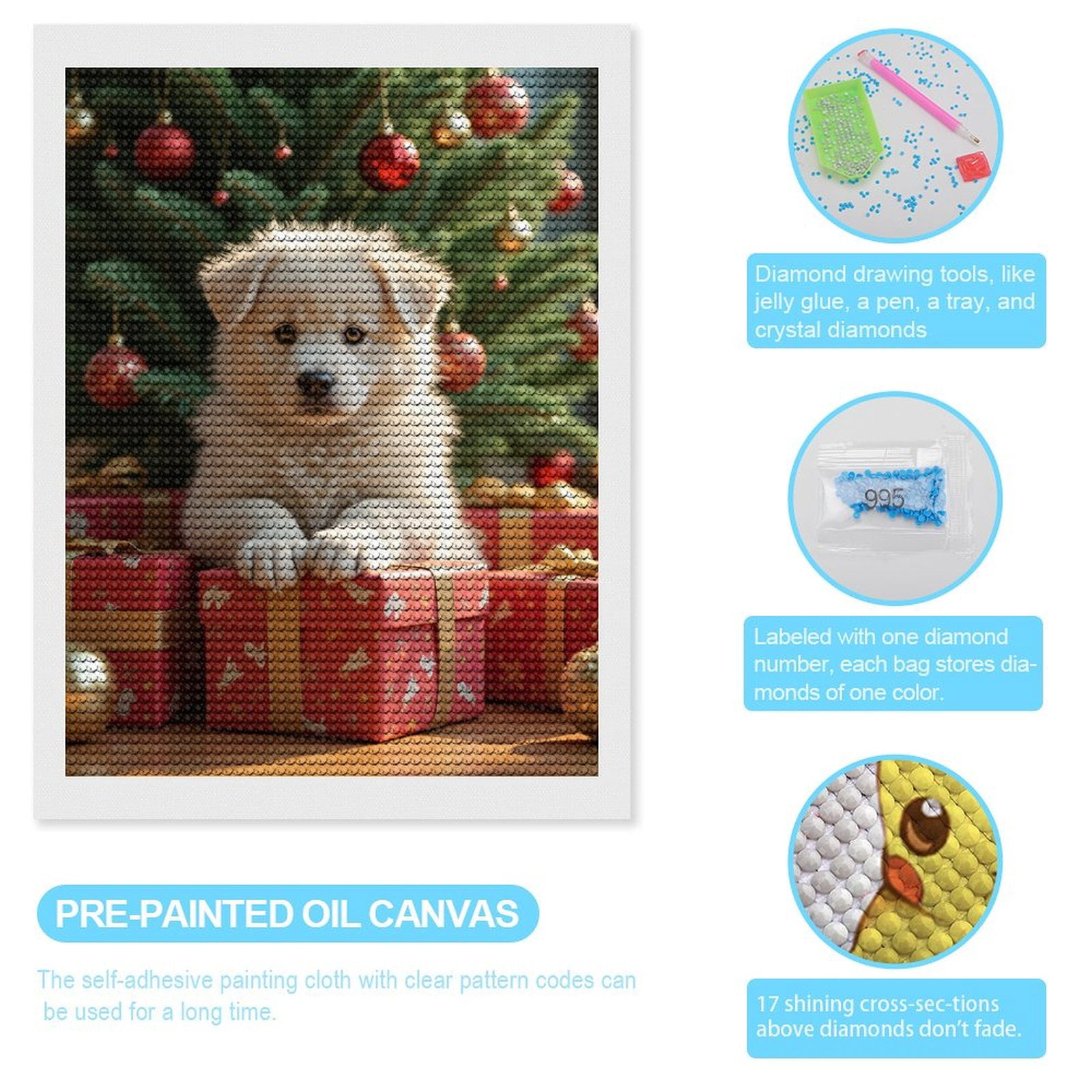 Diamond Art Kits for Adults, Christmas Puppy With Boxes 5D Diamond Painting Kits for Adults Beginners, DIY Full Drill Diamond Painting, Gem Art and Crafts 12x16