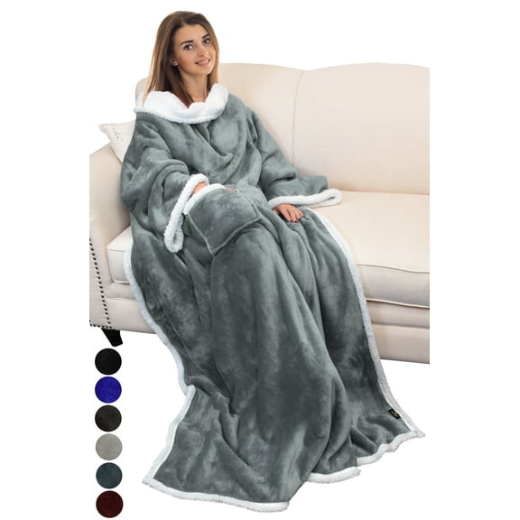 Fleece Blanket Wearable with Sleeves and Pocket, Micro Plush Warm Comfy Sleeved TV Throw Blanket Robe for Women and Men Multi-Colors 72”X55” by Catalonia