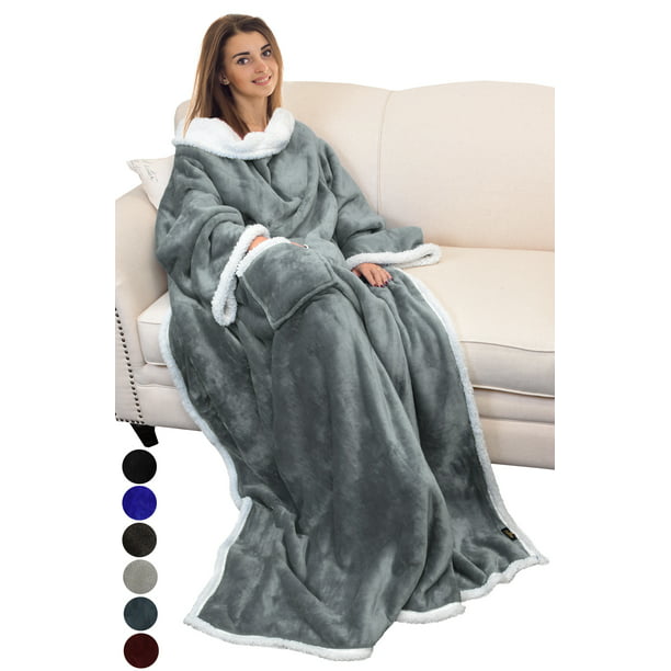 catalonia sherpa wearable blanket with sleeves arms,super soft warm comfy  large fleece plush sleeved tv throws wrap robe blanket for adult women and  