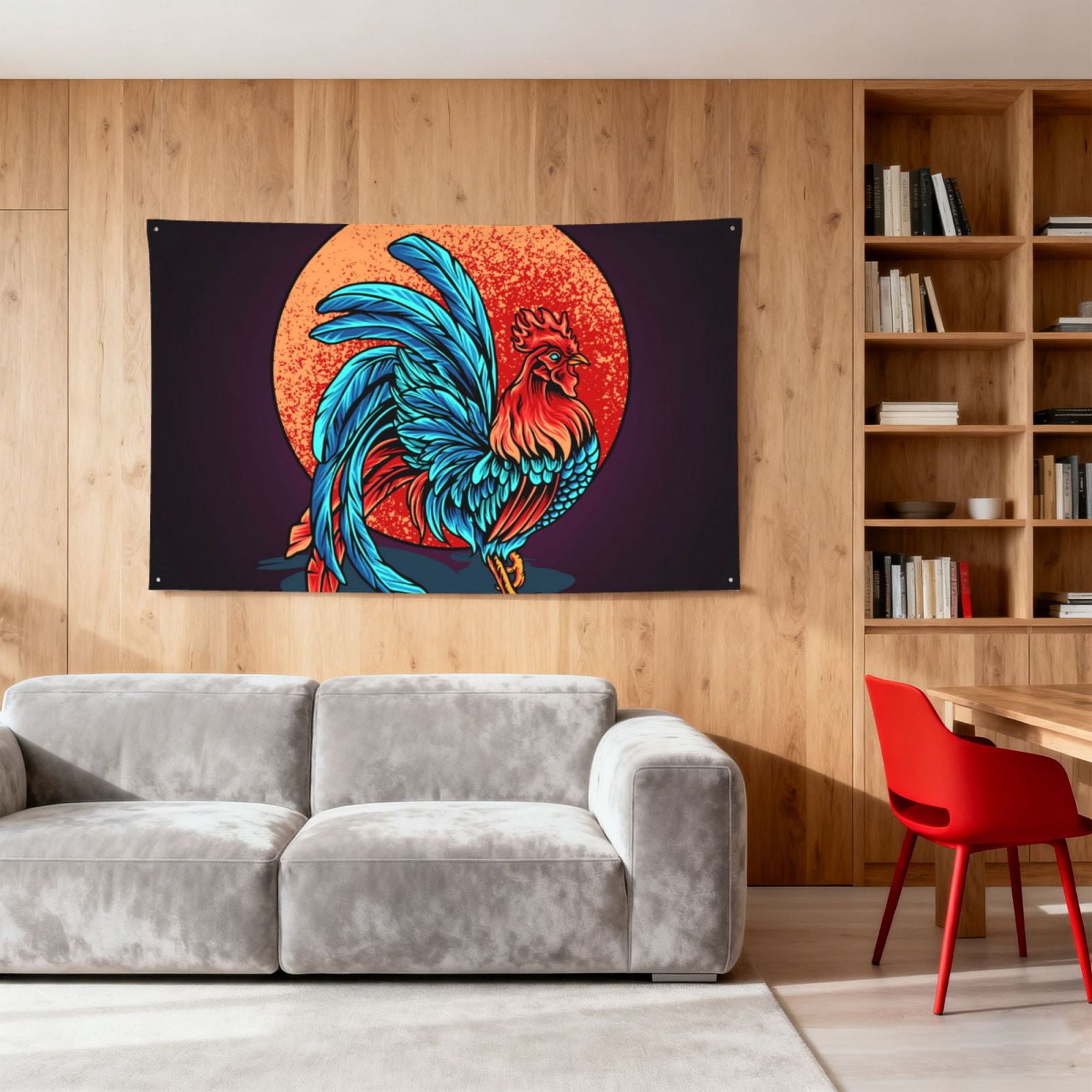 Rooster Red Moon Four Hole Decorated Banner Flag for Garden Yard Home Decoration Indoor Outdoor 4x6 Ft
