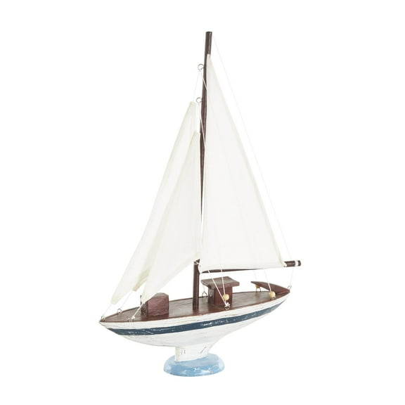 14" x 21" White Wood Distressed Sail Boat Sculpture with Brown Wood and Beaded Accents, by DecMode