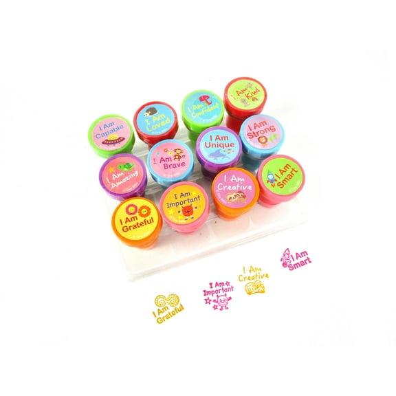 Tiny Mills 12pc Positive Affirmation Self-Inking Stampers for Kids, Party Favors, Giveaways, Rewards