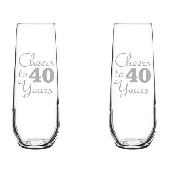 Set of 2 Glass Champagne Flutes Sparkling Wine Glasses Birthday Anniversary Cheers 40 Years (8.5 oz Stemless)
