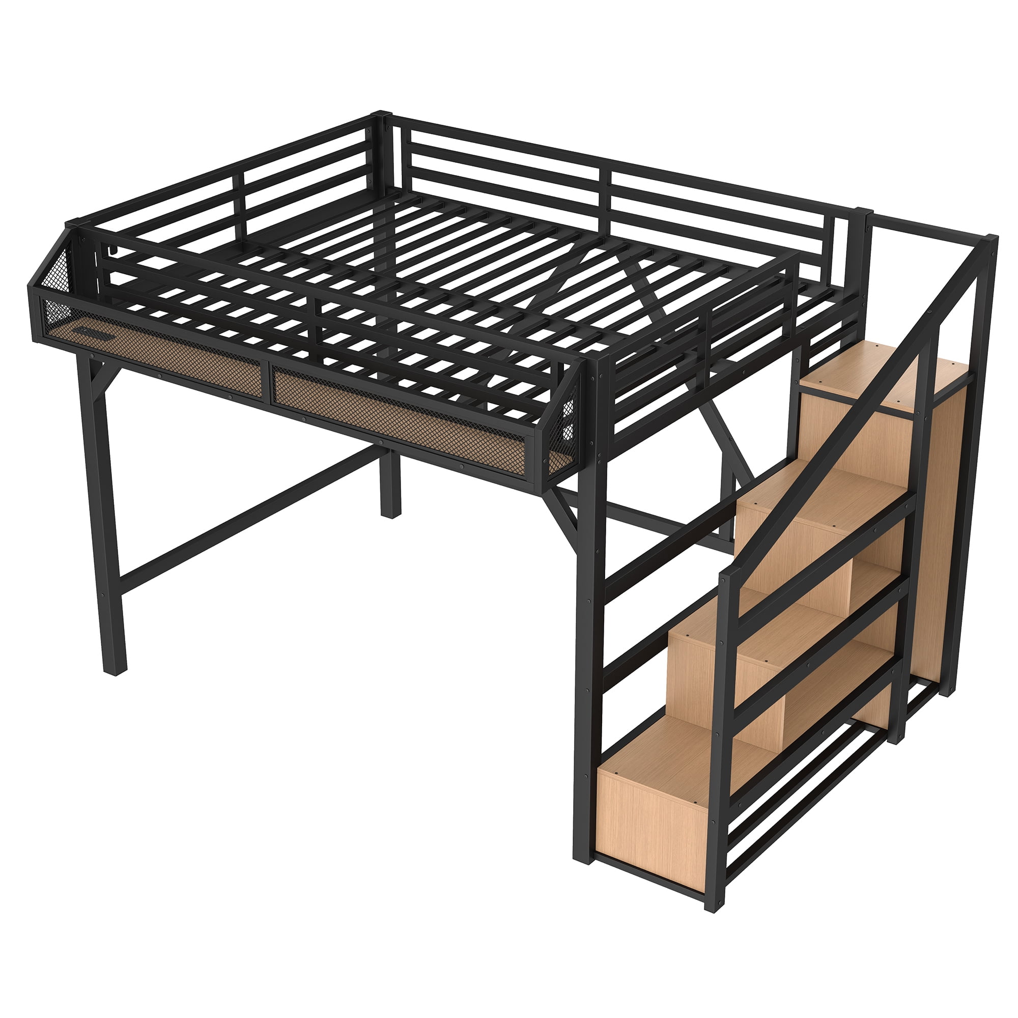 Aukfa Full Metal Loft Bed with Storage Stairs, Shelves, Wardrobe, USB Ports & LED Lights, Heavy-Duty Bed Frame for Teens, Kids & Adults, Black